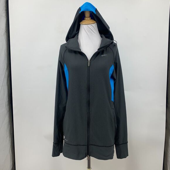 Nike Running Jacket Womens M Medium Gray Blue Full Zip Mock Neck Hooded Dri Fit - Picture 2 of 14